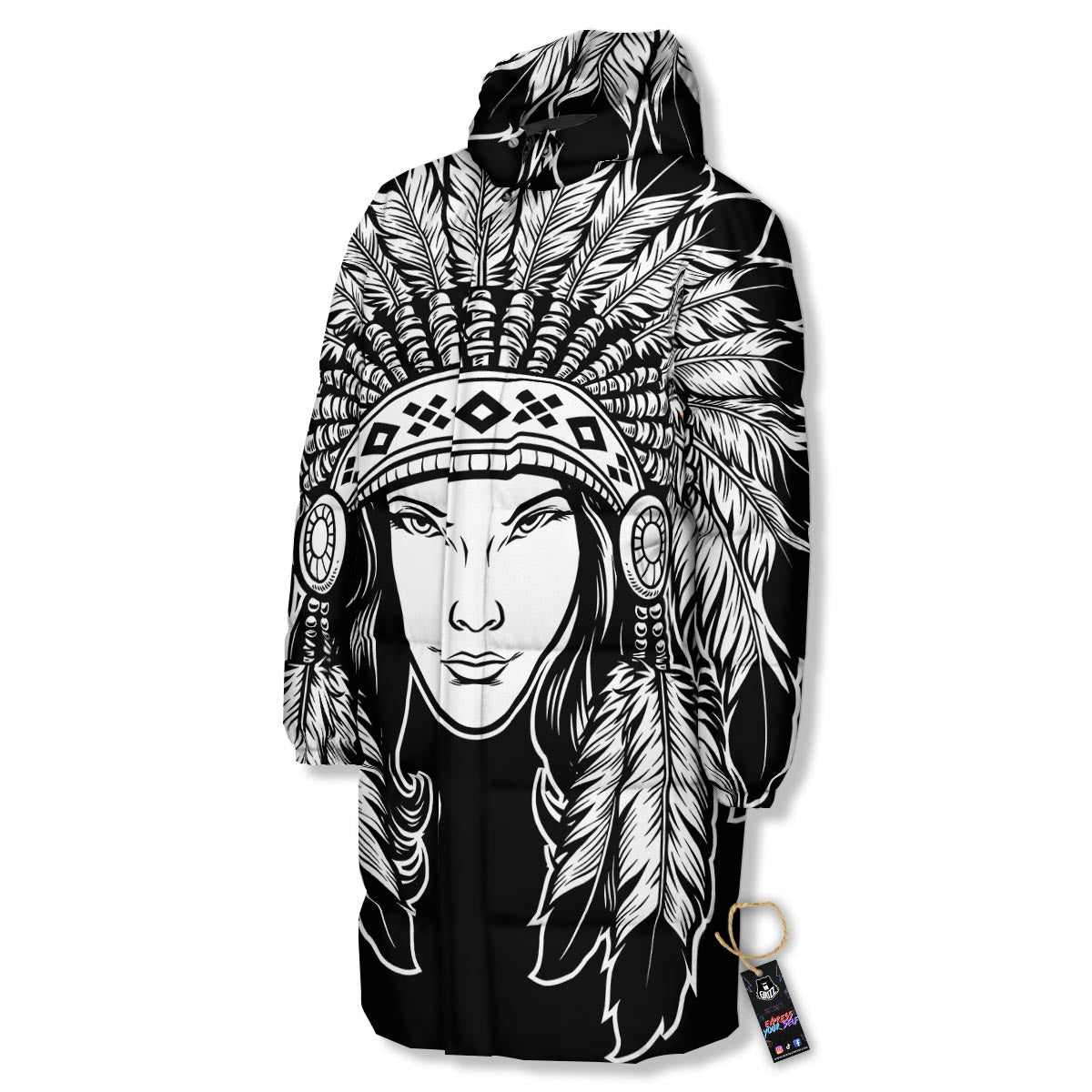 Native Indian Girl Tribal Print Long Down Jacket-grizzshop