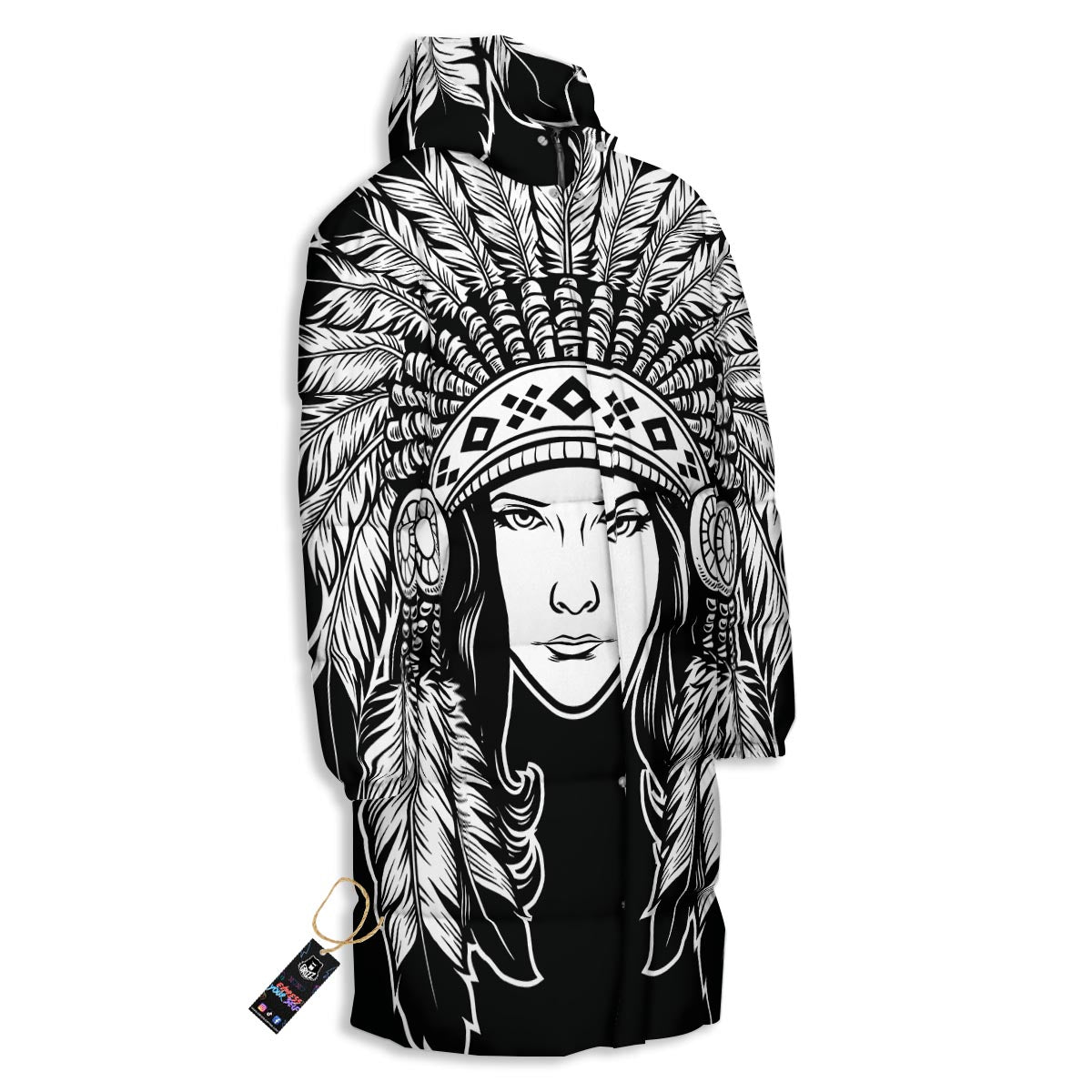 Native Indian Girl Tribal Print Long Down Jacket-grizzshop