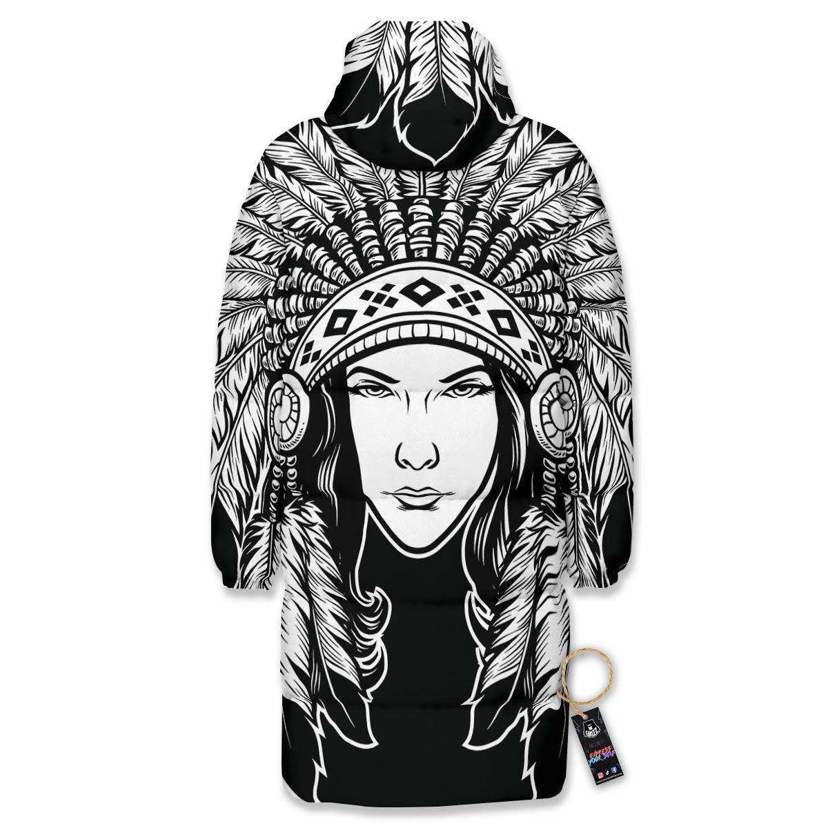 Native Indian Girl Tribal Print Long Down Jacket-grizzshop