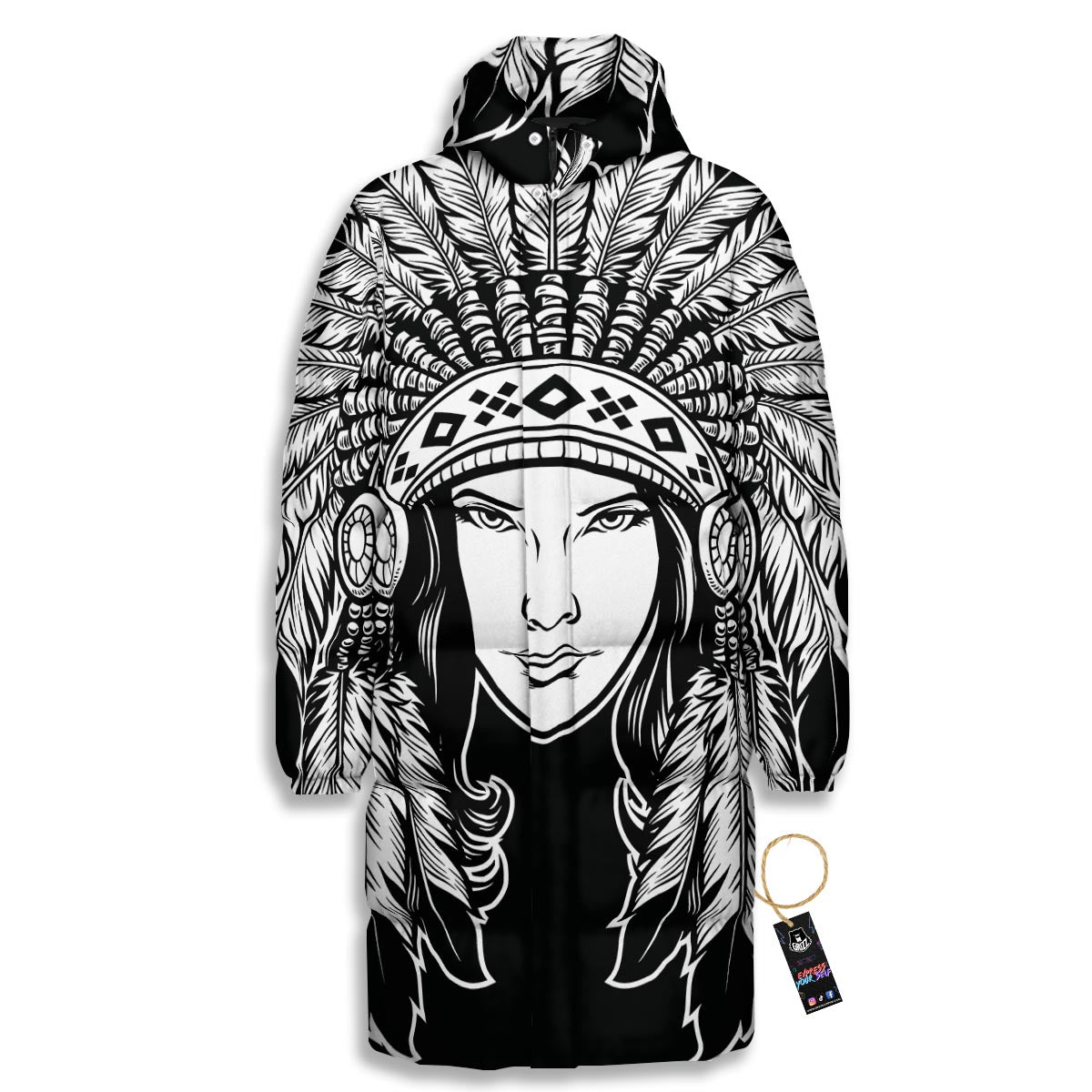 Native Indian Girl Tribal Print Long Down Jacket-grizzshop