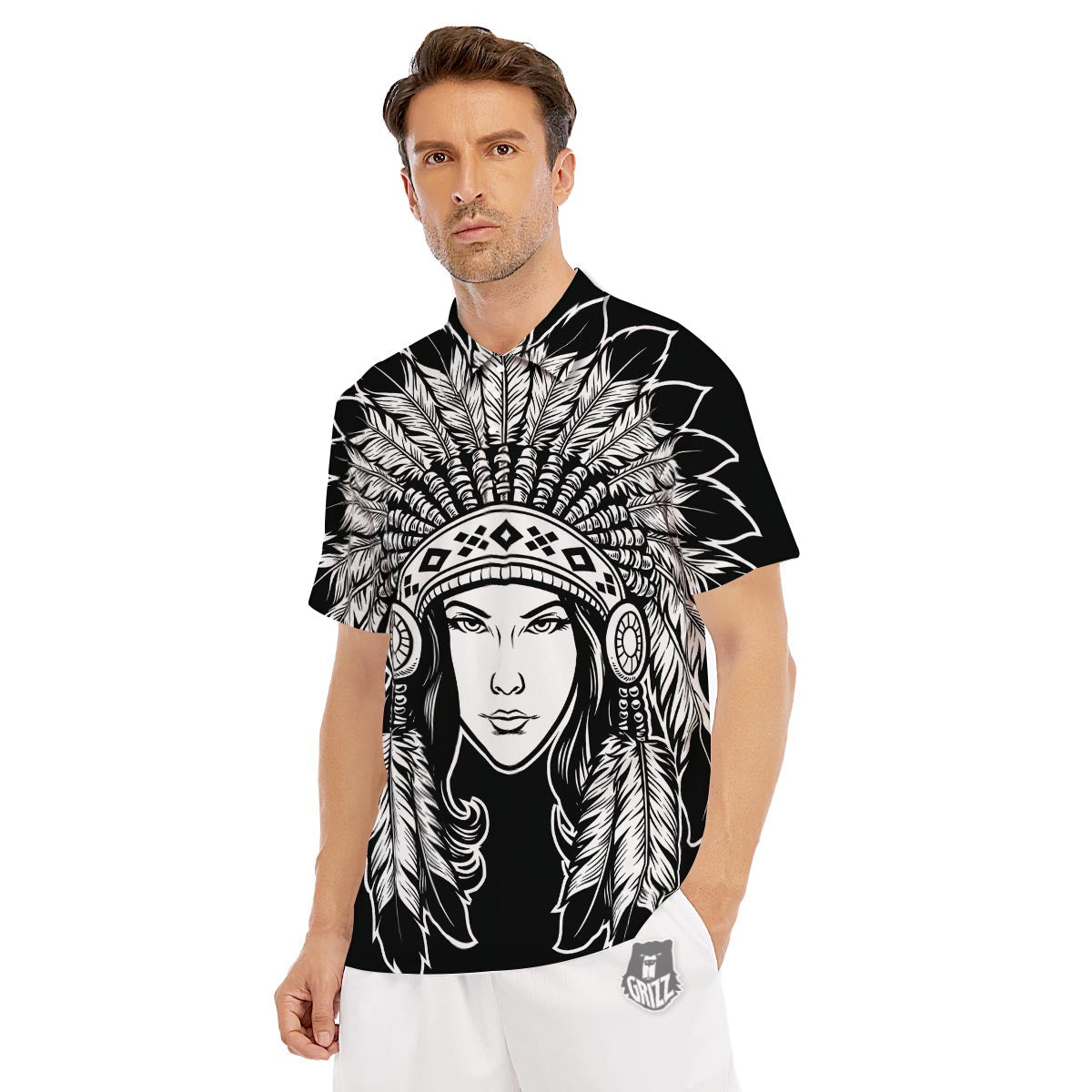 Native Indian Girl Tribal Print Men's Golf Shirts-grizzshop
