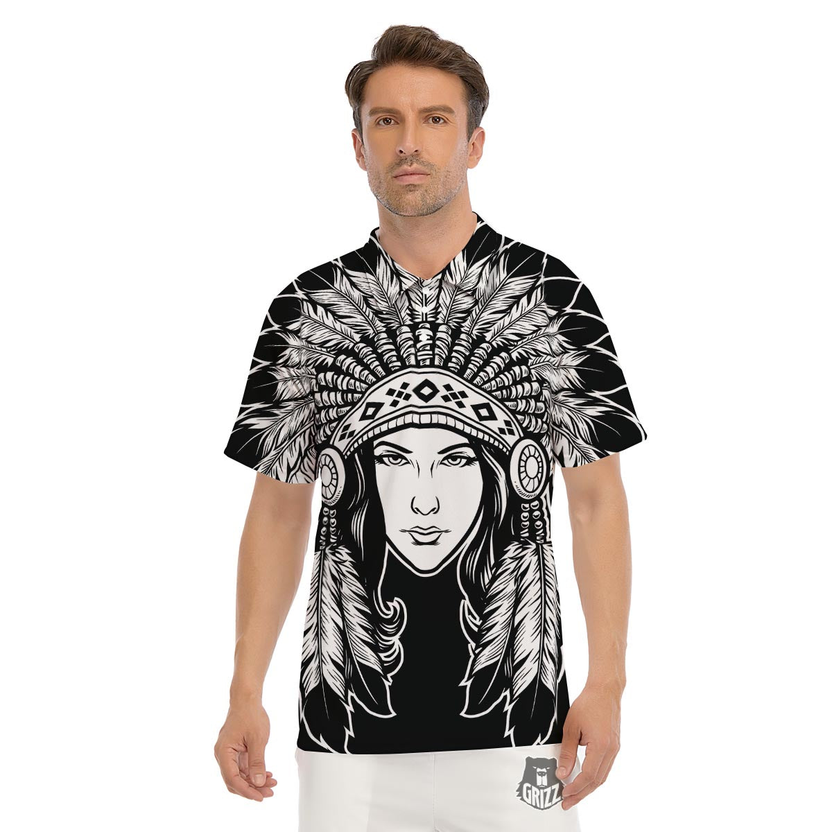 Native Indian Girl Tribal Print Men's Golf Shirts-grizzshop