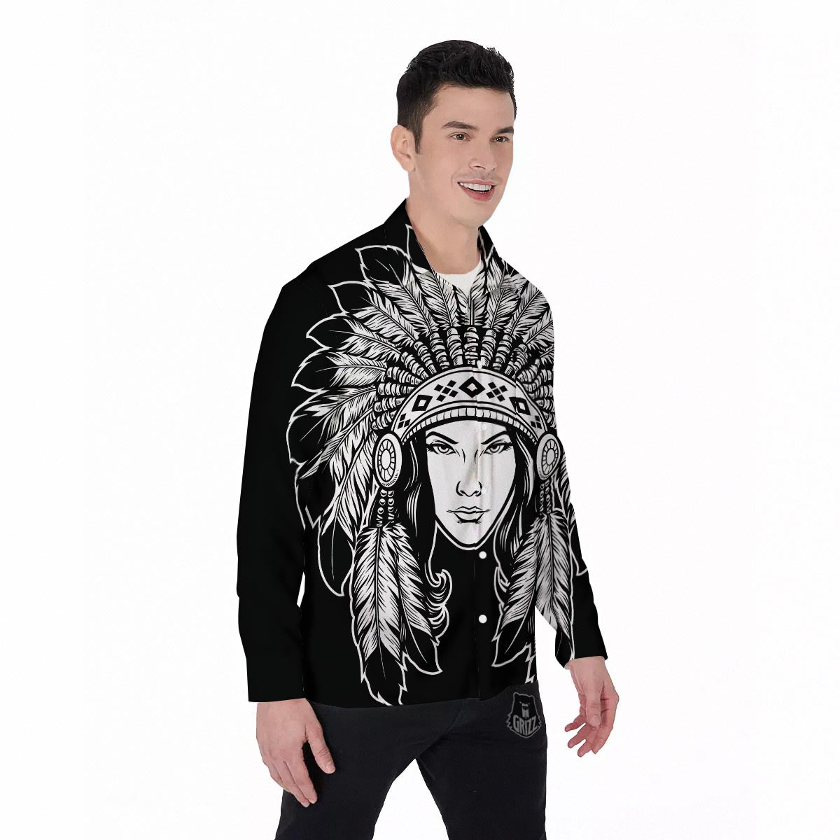 Native Indian Girl Tribal Print Men's Long Sleeve Shirts-grizzshop