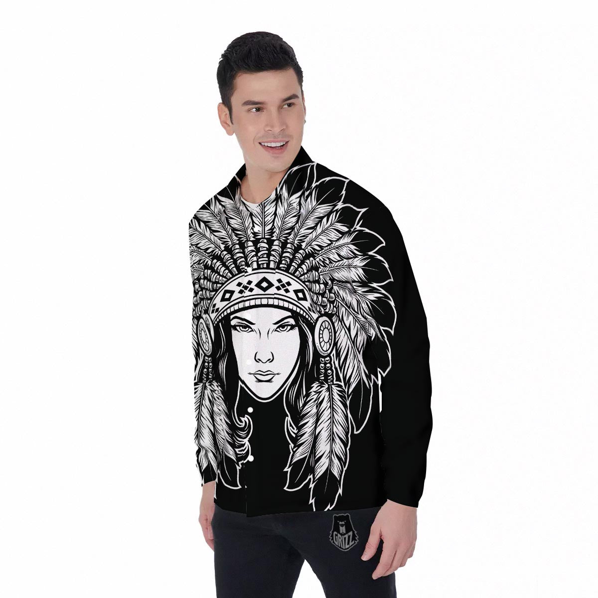Native Indian Girl Tribal Print Men's Long Sleeve Shirts-grizzshop