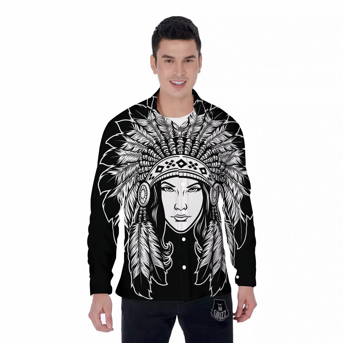 Native Indian Girl Tribal Print Men's Long Sleeve Shirts-grizzshop