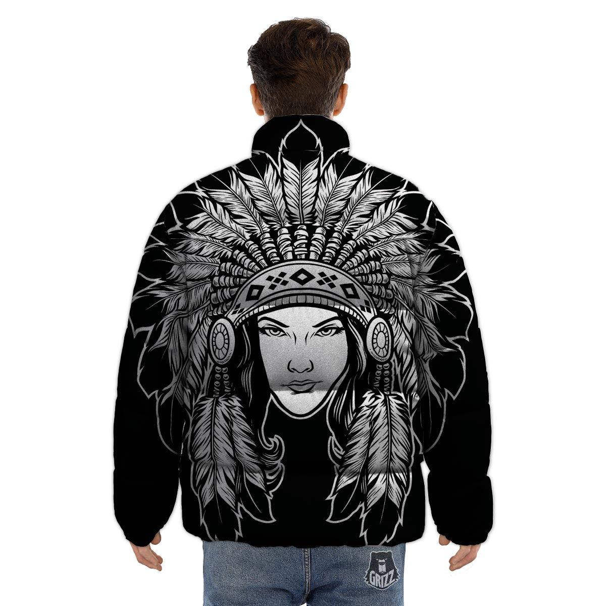 Native Indian Girl Tribal Print Puffer Jacket-grizzshop