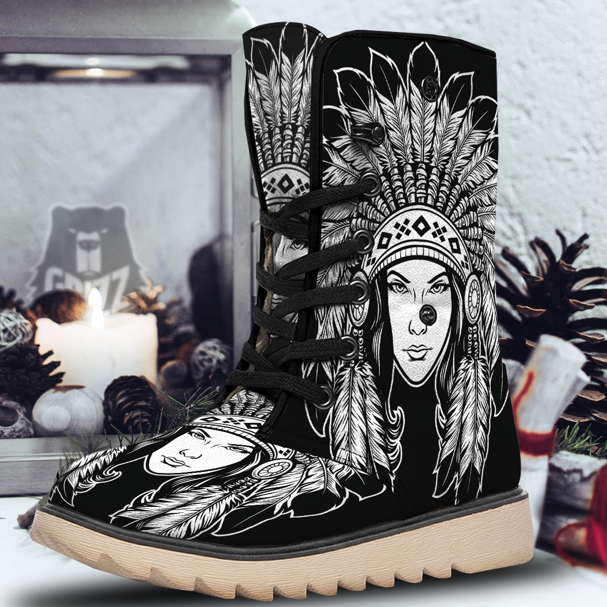 Native Indian Girl Tribal Print Snow Boots-grizzshop