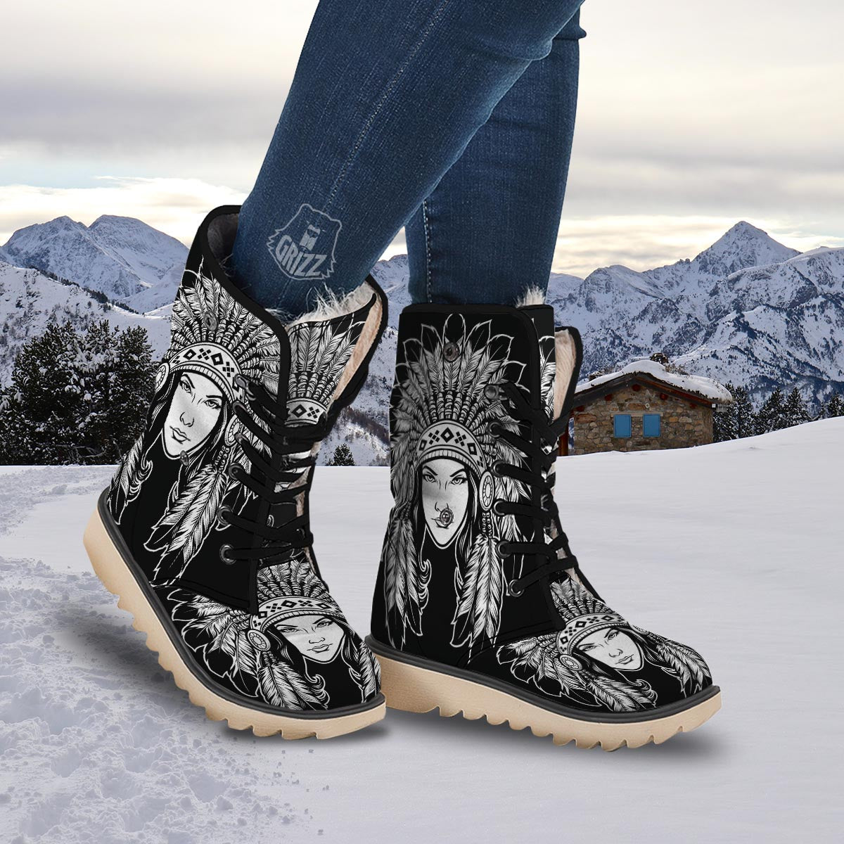 Native Indian Girl Tribal Print Snow Boots-grizzshop