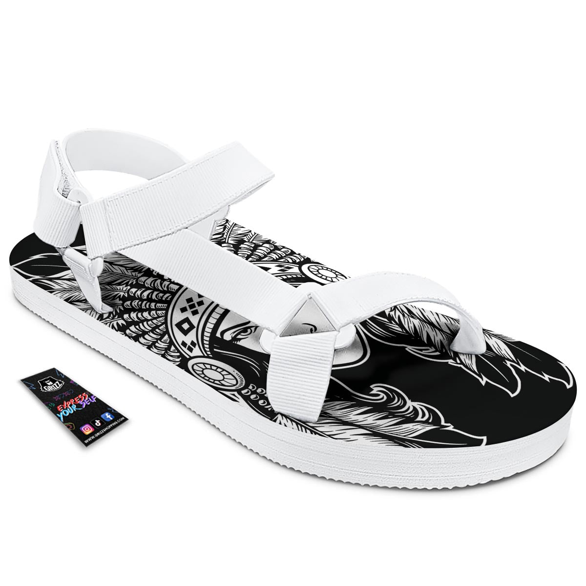 Native Indian Girl Tribal Print White Open Toe Sandals-grizzshop