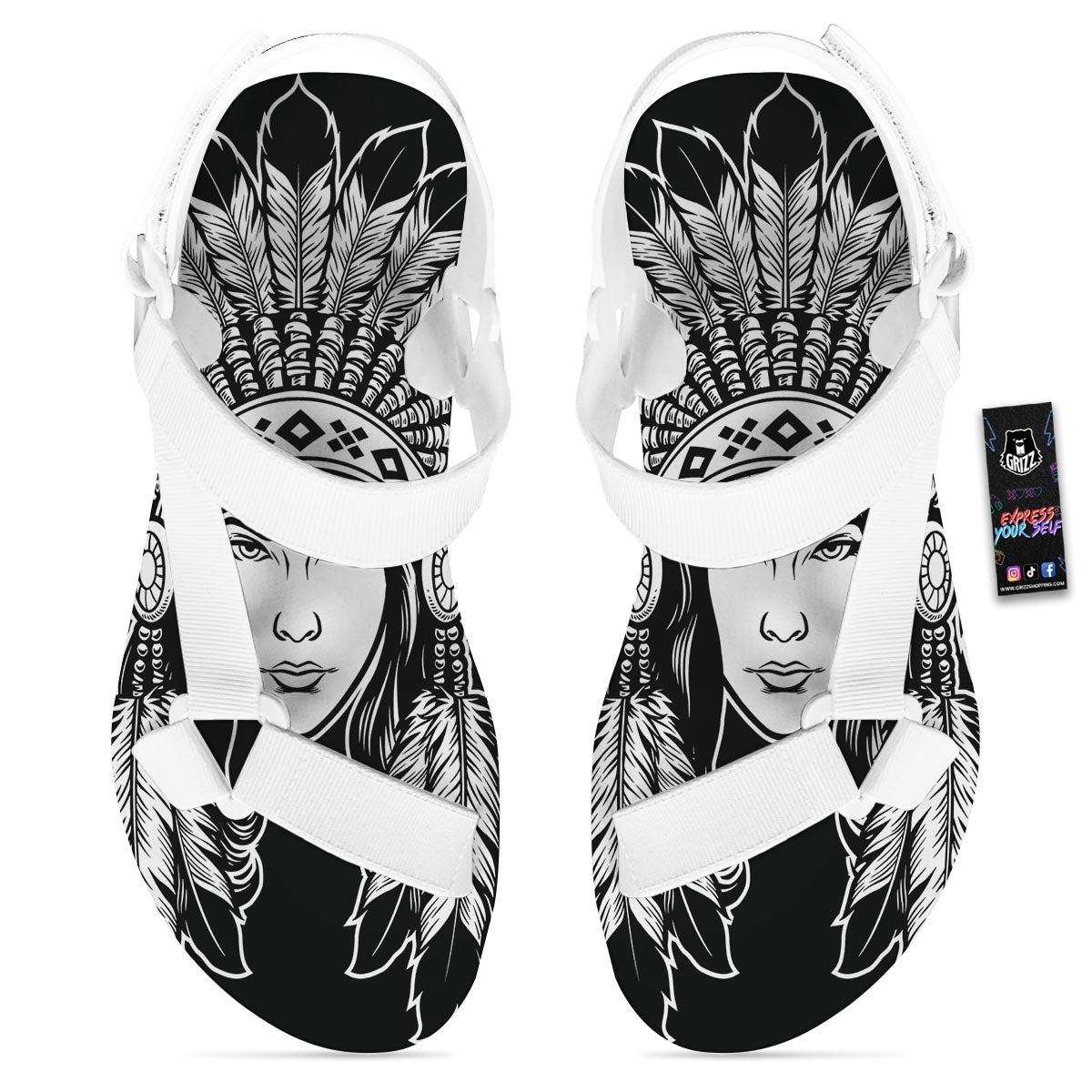 Native Indian Girl Tribal Print White Open Toe Sandals-grizzshop