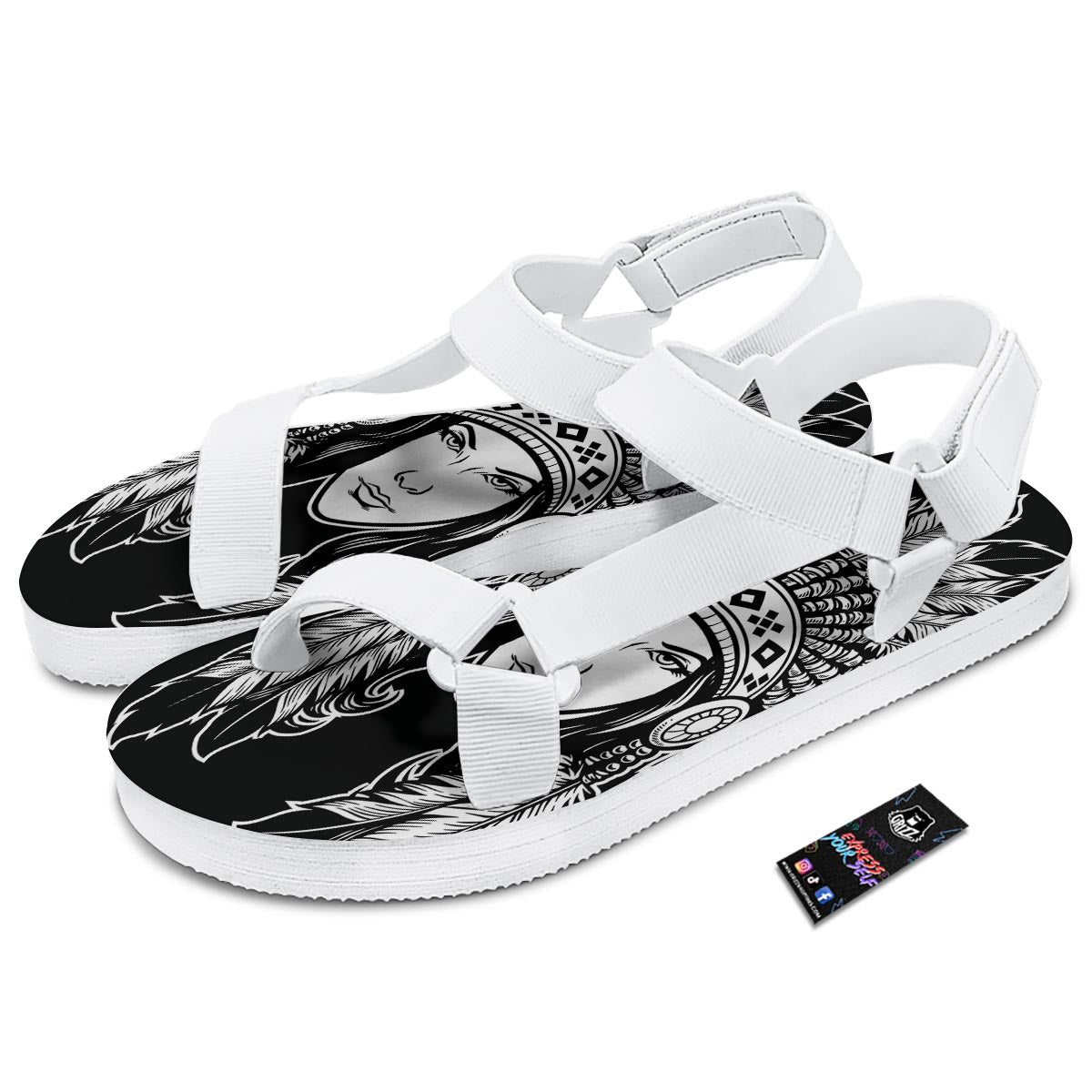 Native Indian Girl Tribal Print White Open Toe Sandals-grizzshop