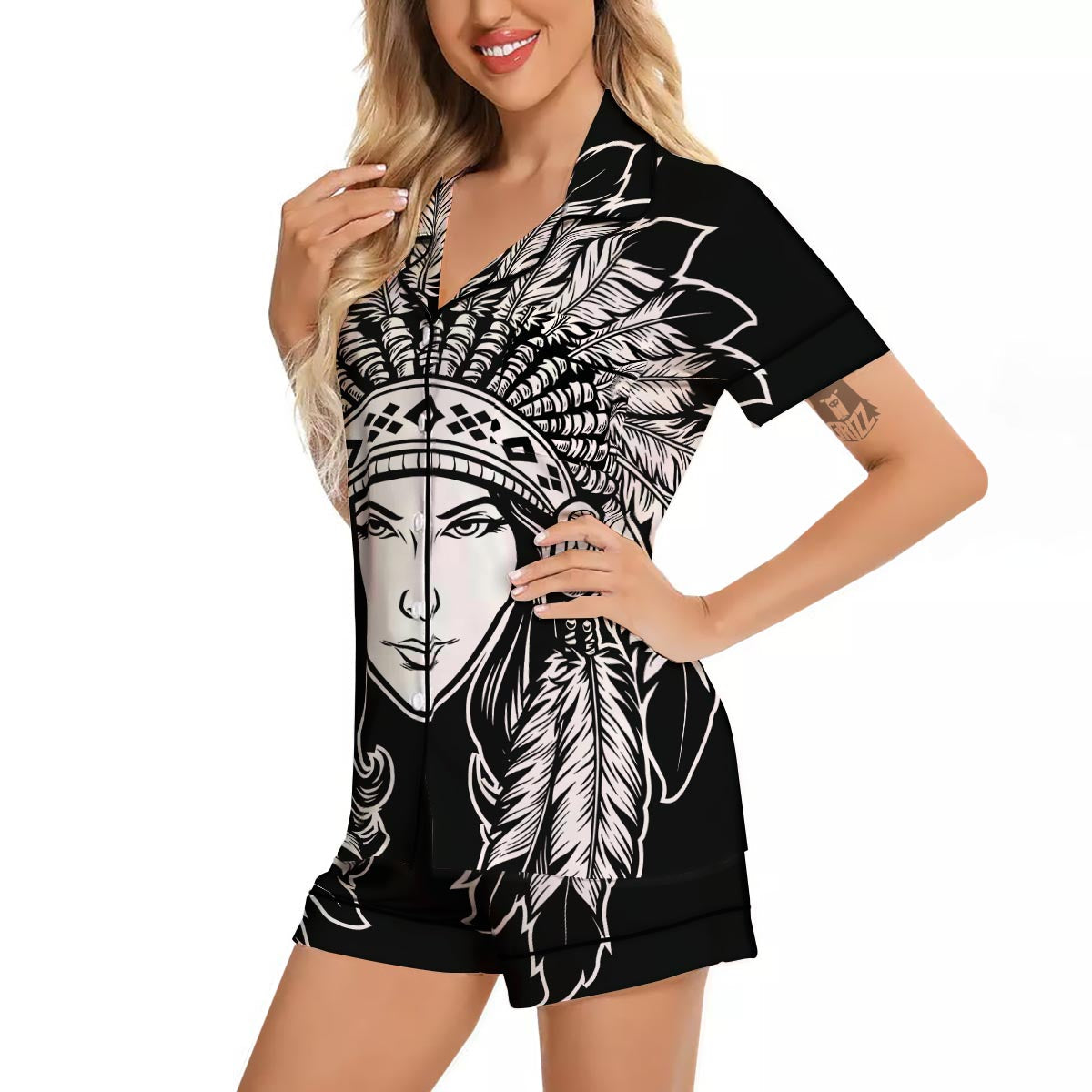 Native Indian Girl Tribal Print Women Silk Pajamas-grizzshop
