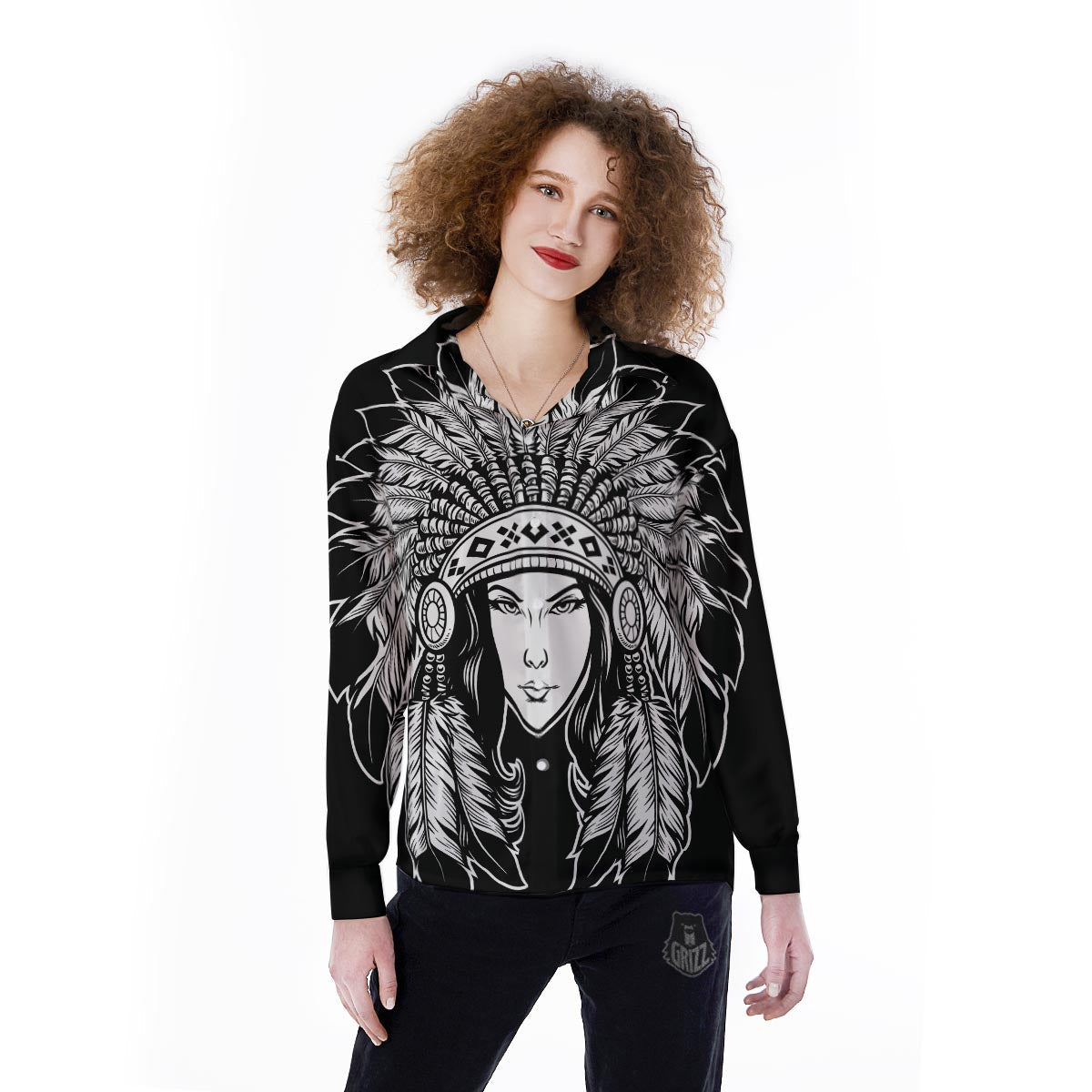 Native Indian Girl Tribal Print Women's Long Sleeve Shirts-grizzshop