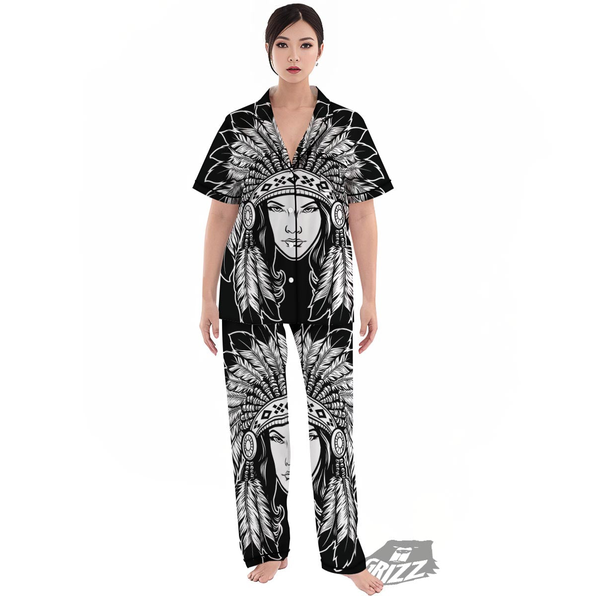 Native Indian Girl Tribal Print Women's Pajamas Set-grizzshop