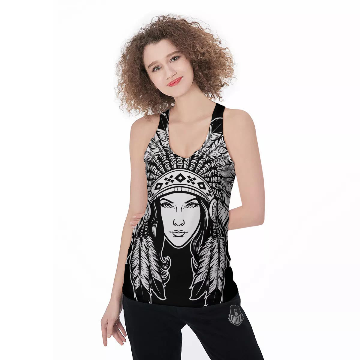 Native Indian Girl Tribal Print Women's Racerback Tank Top-grizzshop