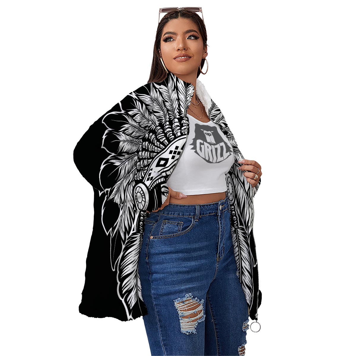 Native Indian Girl Tribal Print Women's Sherpa Jacket-grizzshop