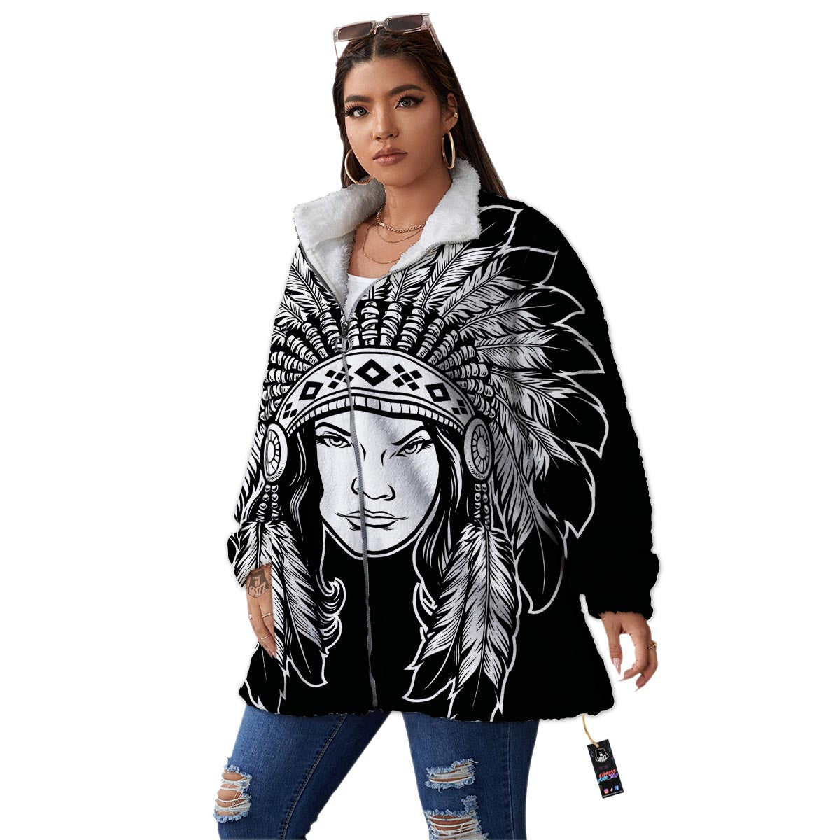 Native Indian Girl Tribal Print Women's Sherpa Jacket-grizzshop