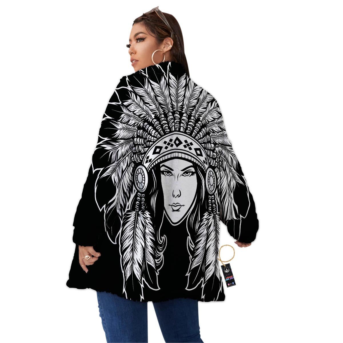 Native Indian Girl Tribal Print Women's Sherpa Jacket-grizzshop