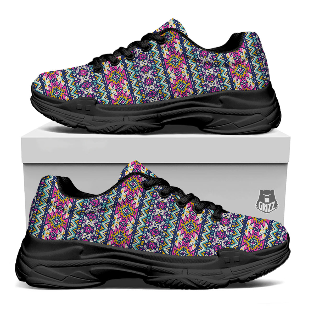 Native Navajo Colorful Geometric Print Black Chunky Shoes-grizzshop