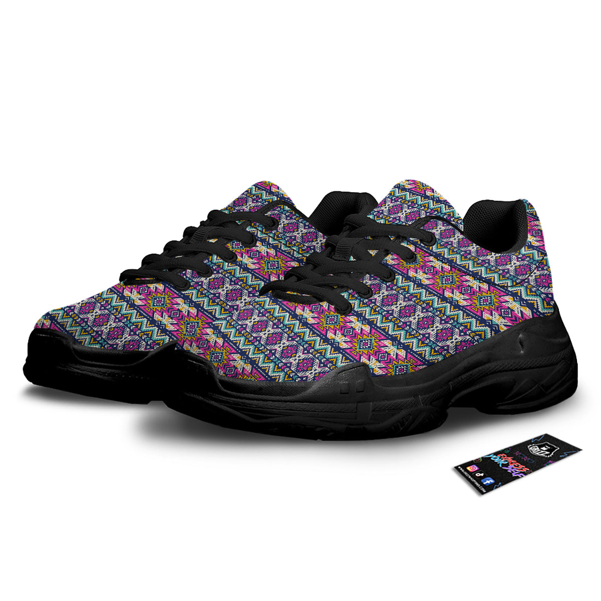 Native Navajo Colorful Geometric Print Black Chunky Shoes-grizzshop
