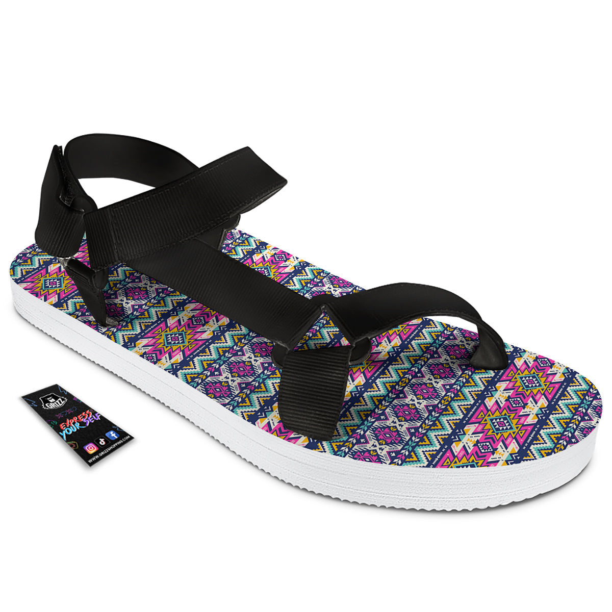 Native Navajo Colorful Geometric Print Black Open Toe Sandals-grizzshop