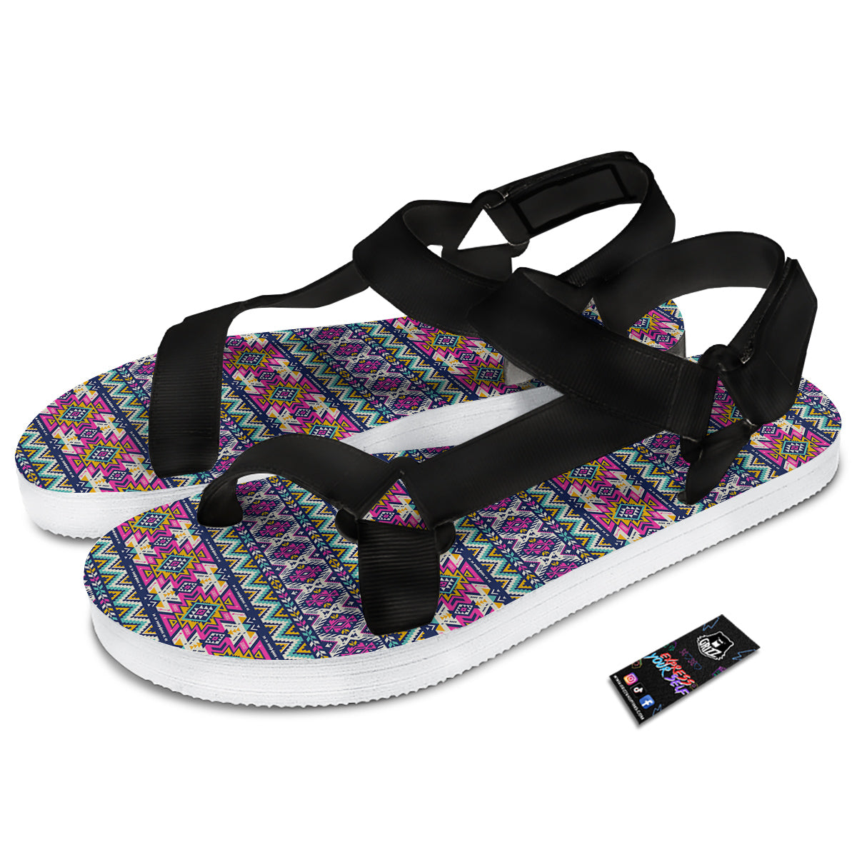 Native Navajo Colorful Geometric Print Black Open Toe Sandals-grizzshop