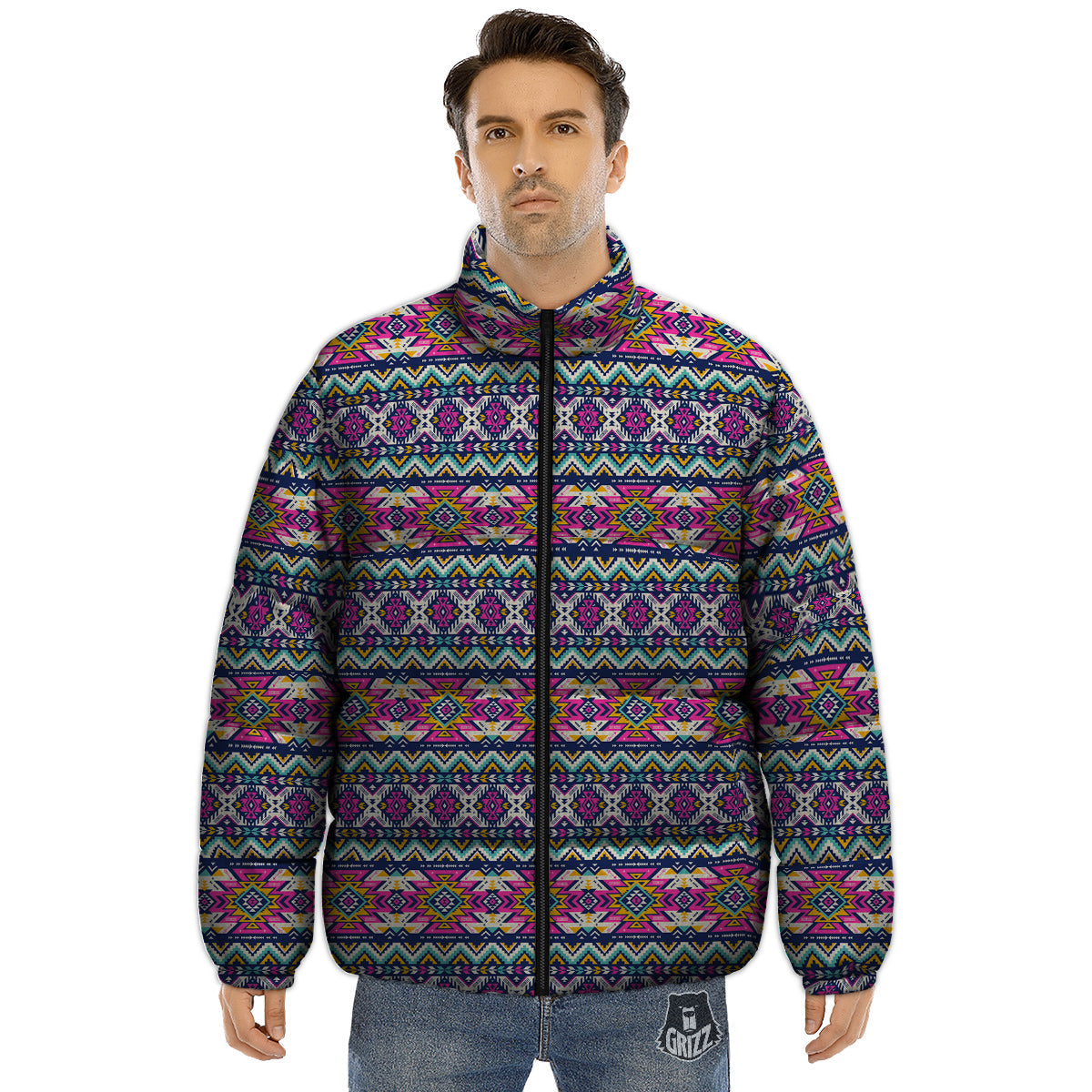 Native Navajo Colorful Geometric Print Puffer Jacket-grizzshop