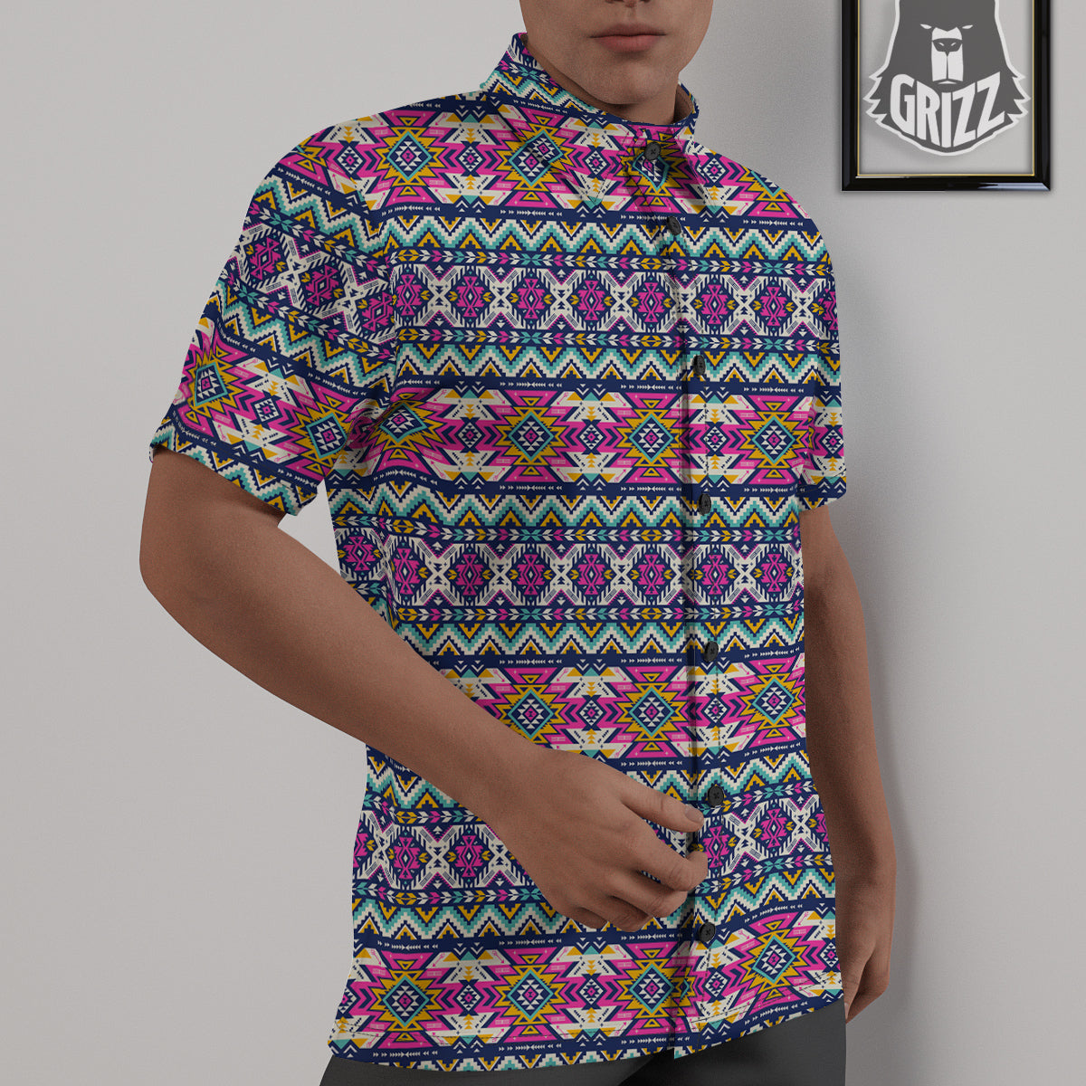 Native Navajo Colorful Geometric Print Untucked Shirts-grizzshop