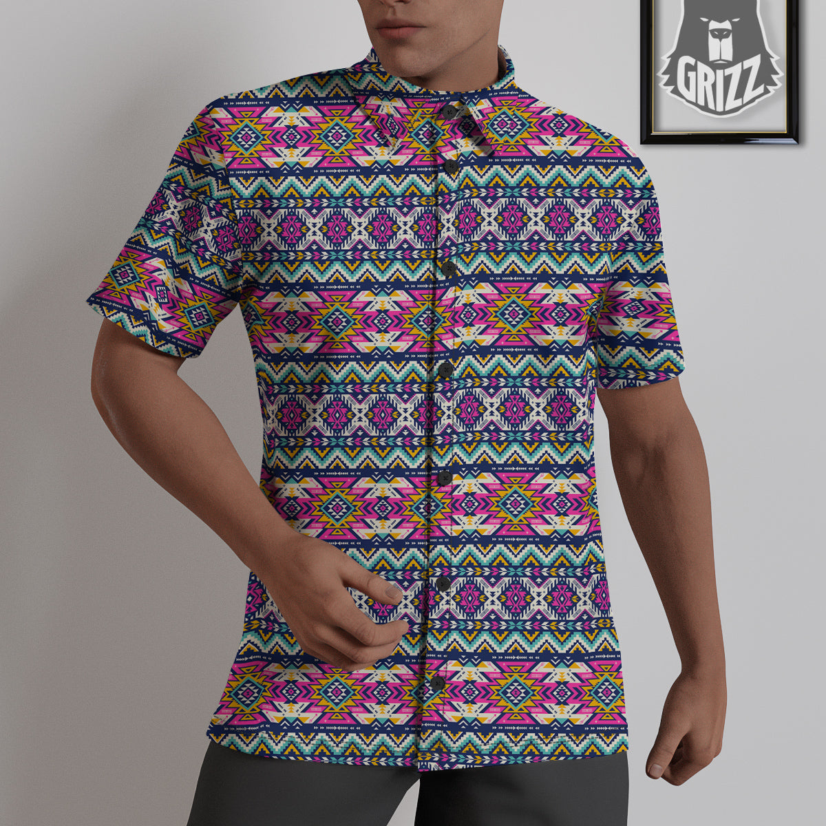 Native Navajo Colorful Geometric Print Untucked Shirts-grizzshop