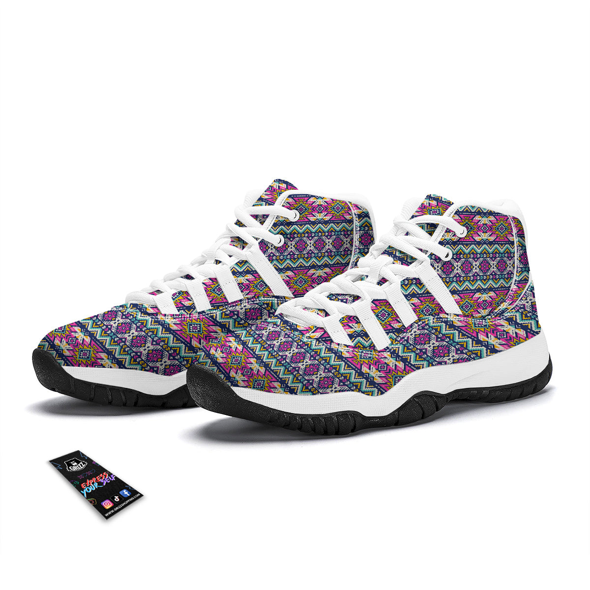 Native Navajo Colorful Geometric Print White Bball Shoes-grizzshop
