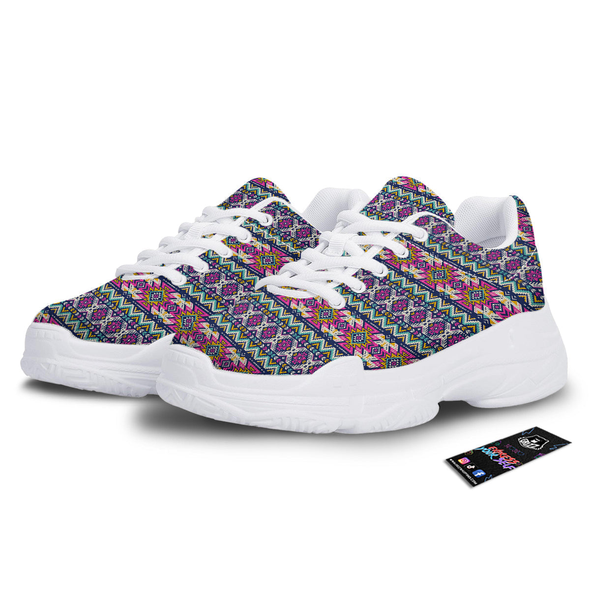 Native Navajo Colorful Geometric Print White Chunky Shoes-grizzshop