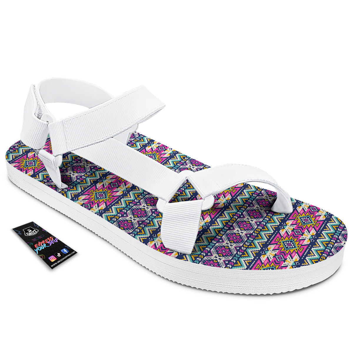 Native Navajo Colorful Geometric Print White Open Toe Sandals-grizzshop