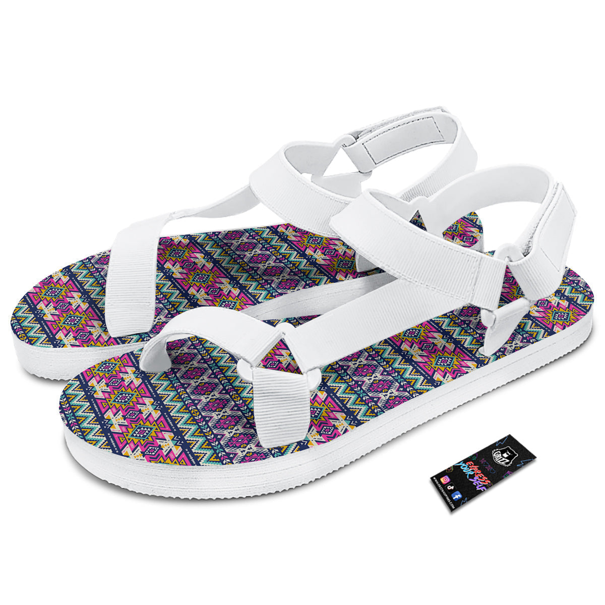 Native Navajo Colorful Geometric Print White Open Toe Sandals-grizzshop