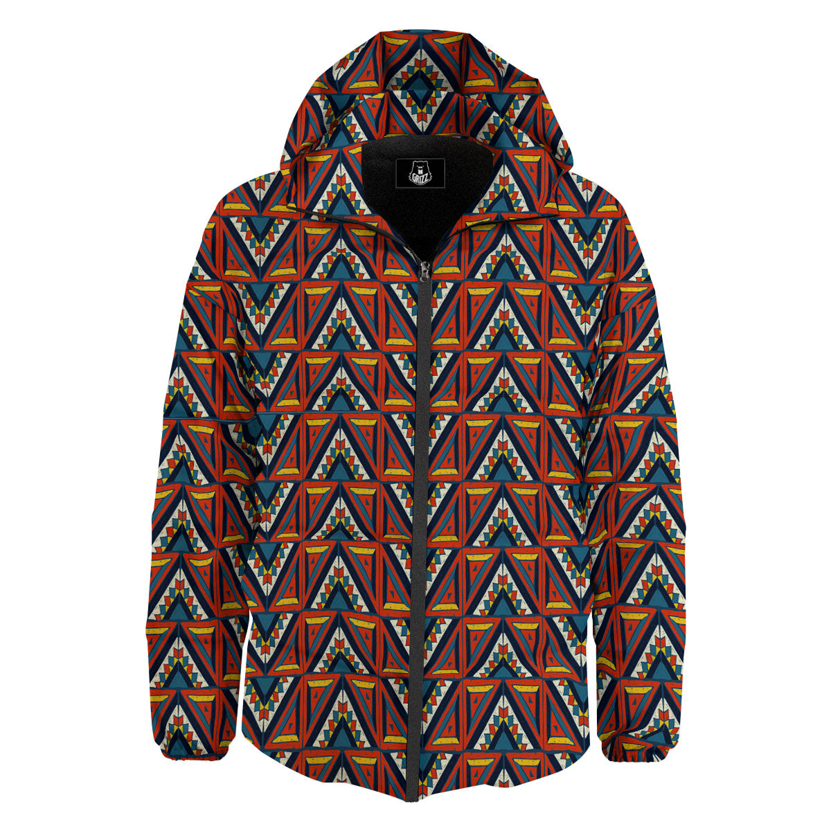 Native Tribal White And Red Print Down Jacket-grizzshop