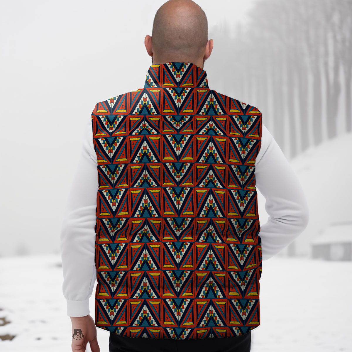 Native Tribal White And Red Print Down Vest