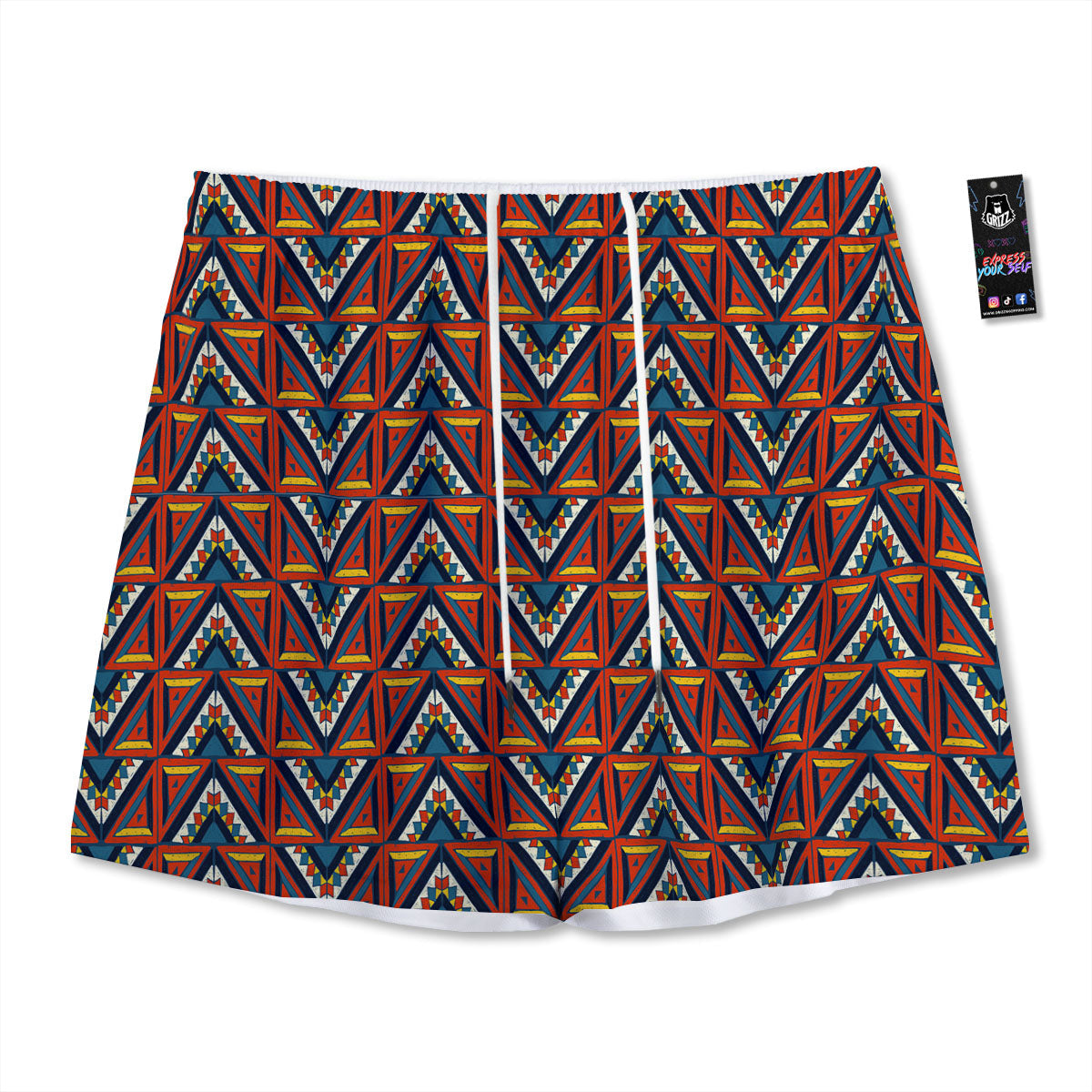 Native Tribal White And Red Print Mesh Shorts