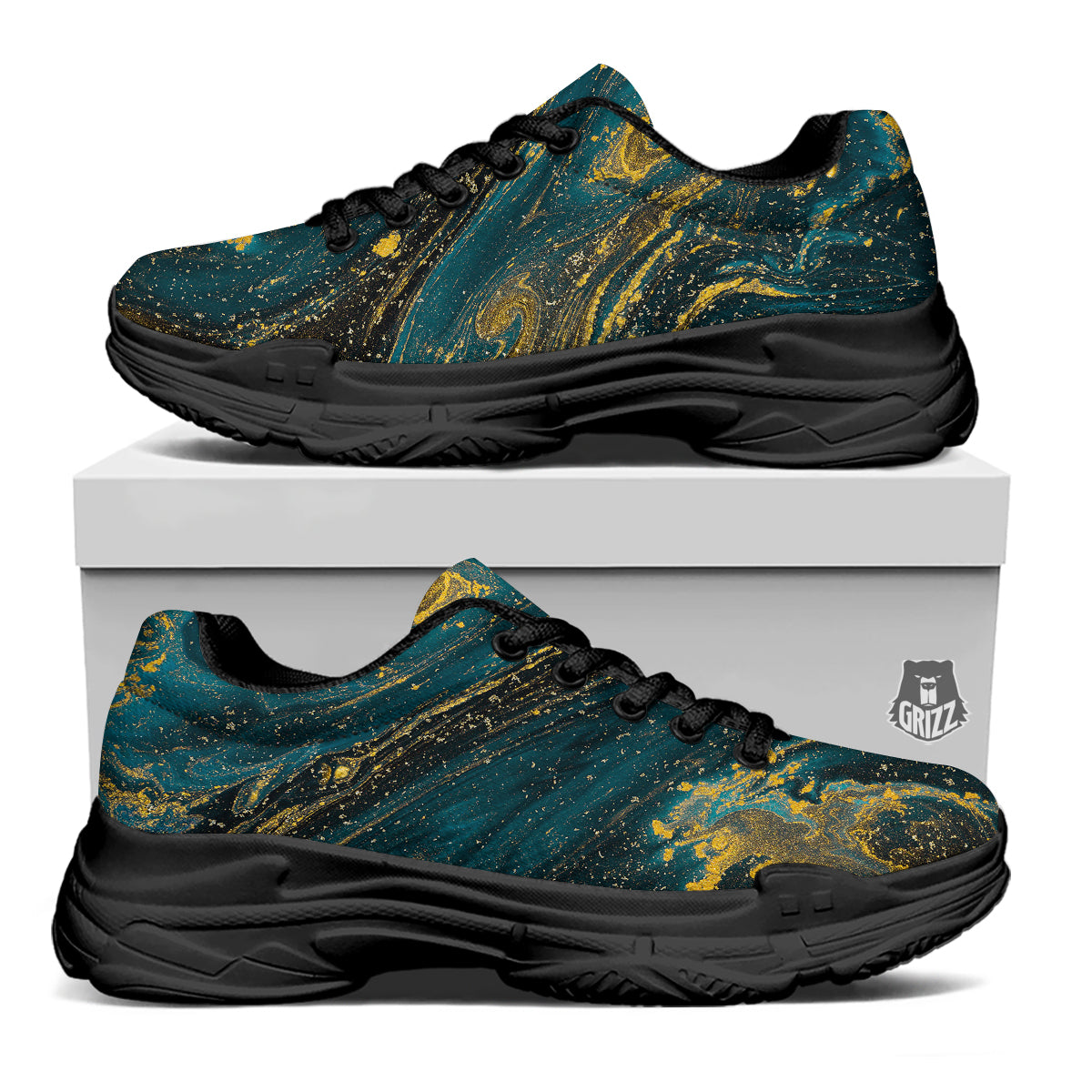 Natural Luxury Blue And Gold Marble Print Black Chunky Shoes-grizzshop