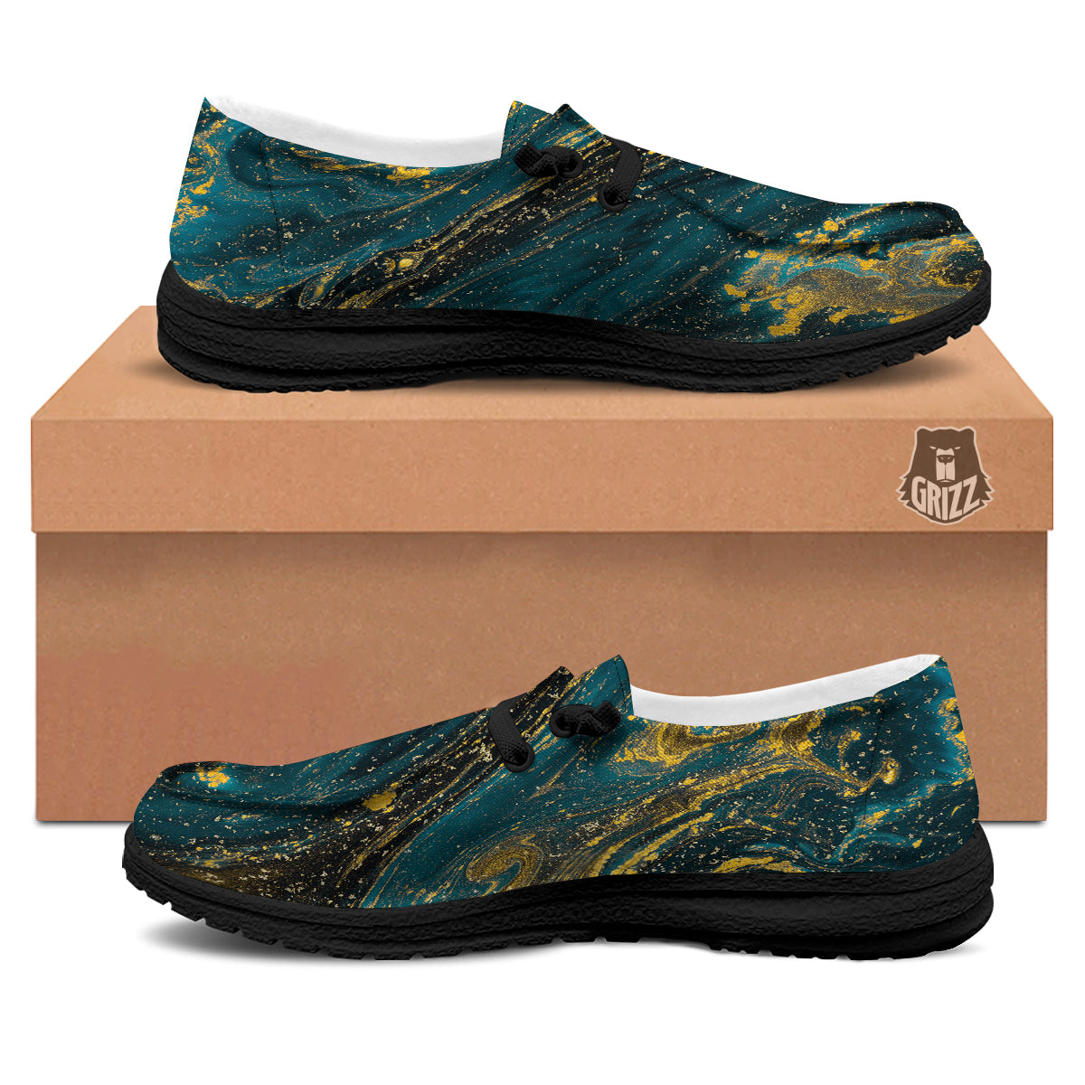 Natural Luxury Blue And Gold Marble Print Black Loafers-grizzshop