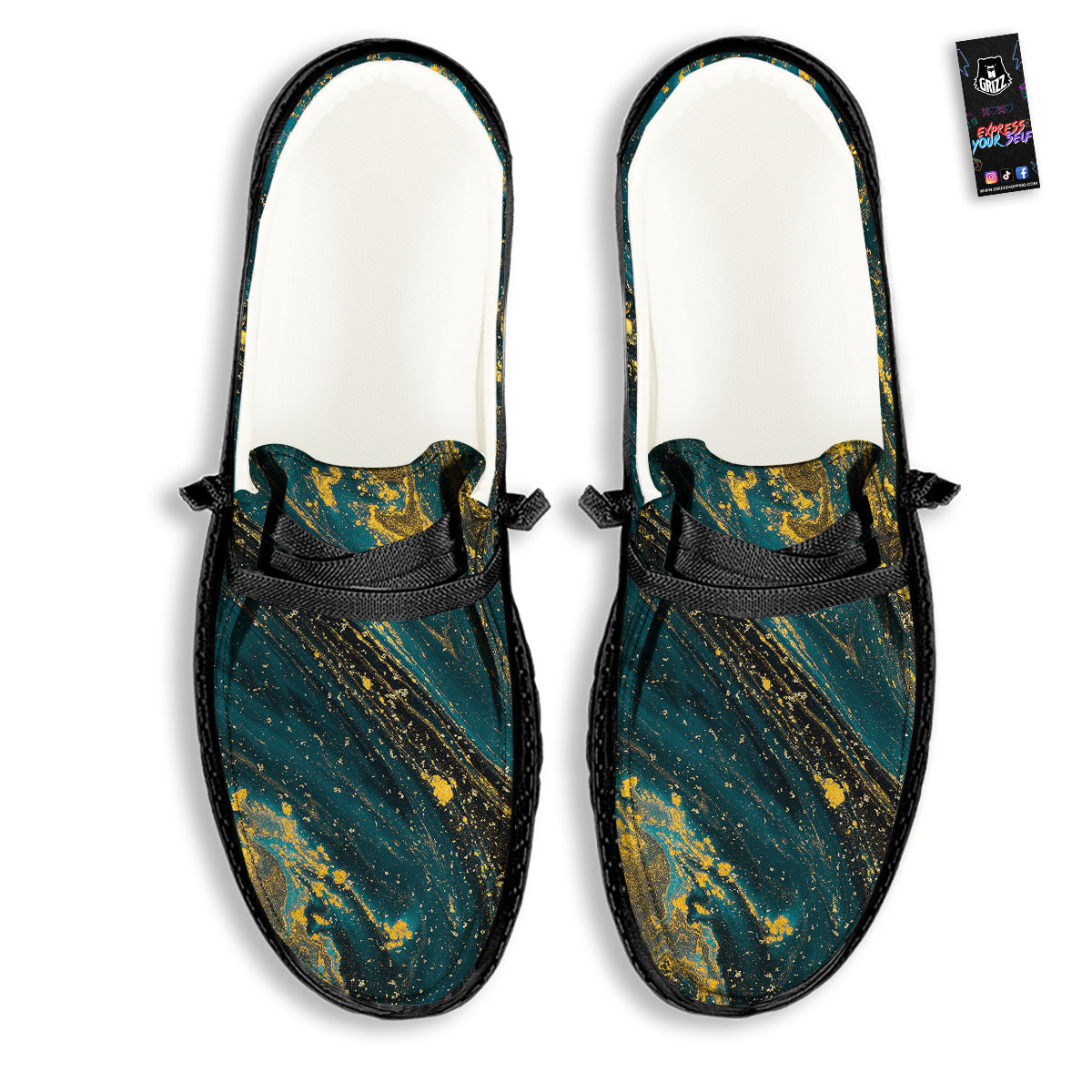 Natural Luxury Blue And Gold Marble Print Black Loafers-grizzshop