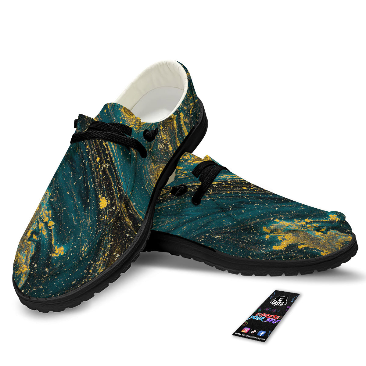 Natural Luxury Blue And Gold Marble Print Black Loafers-grizzshop