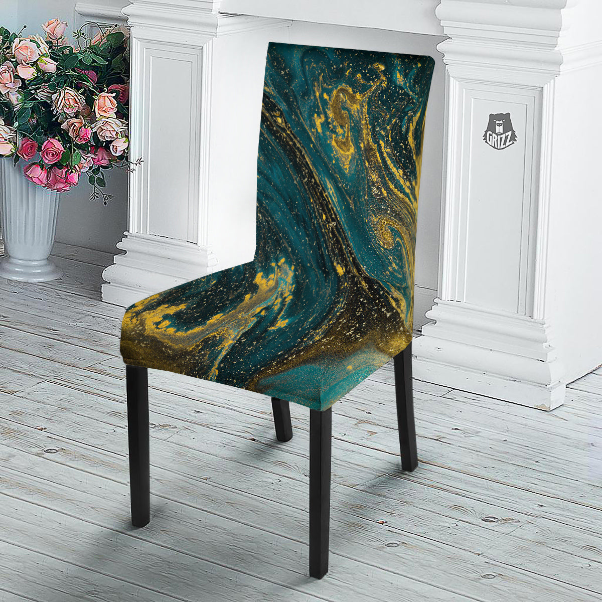 Natural Luxury Blue And Gold Marble Print Dining Chair Slipcover-grizzshop