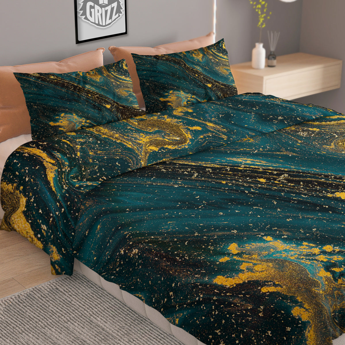 Natural Luxury Blue And Gold Marble Print Duvet Cover Bedding Set