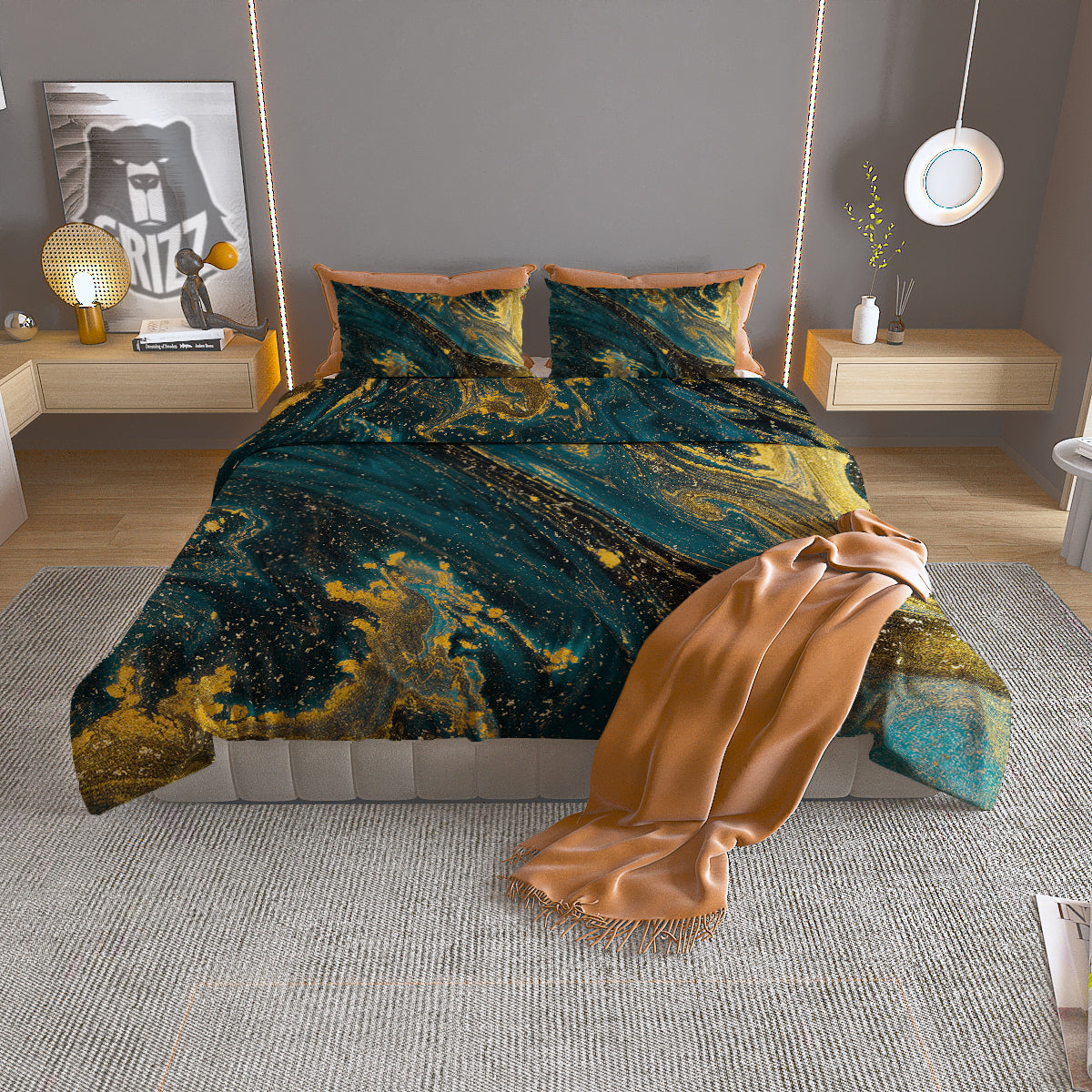 Natural Luxury Blue And Gold Marble Print Duvet Cover Bedding Set