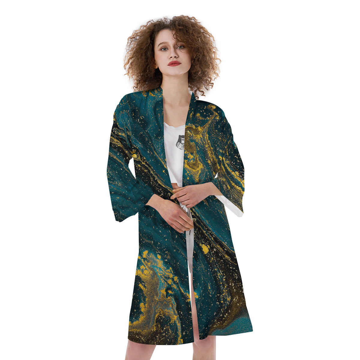 Natural Luxury Blue And Gold Marble Print Kimono-grizzshop