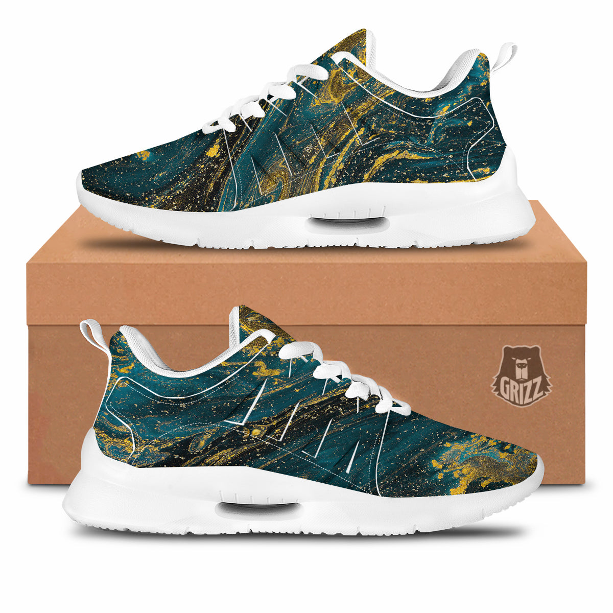 Natural Luxury Blue And Gold Marble Print Tennis Shoes-grizzshop