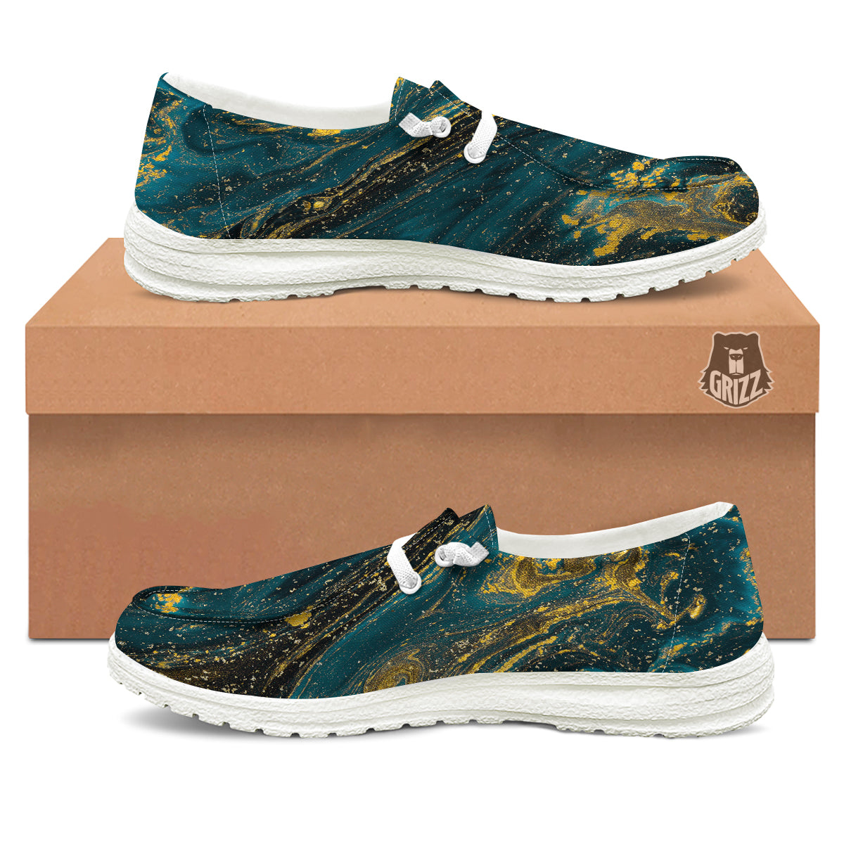 Natural Luxury Blue And Gold Marble Print White Loafers-grizzshop