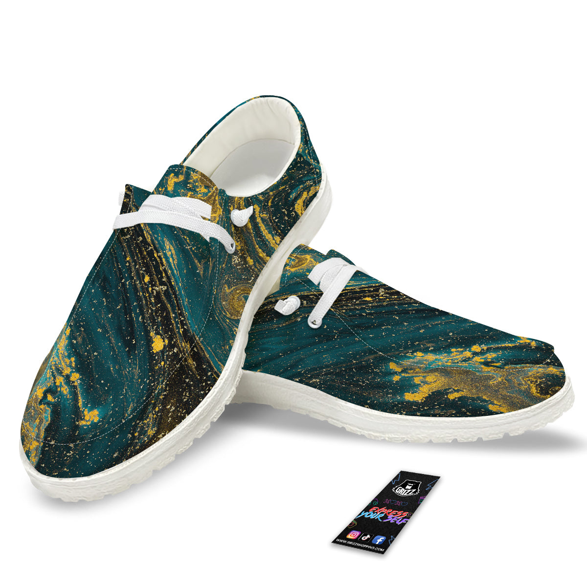 Natural Luxury Blue And Gold Marble Print White Loafers-grizzshop
