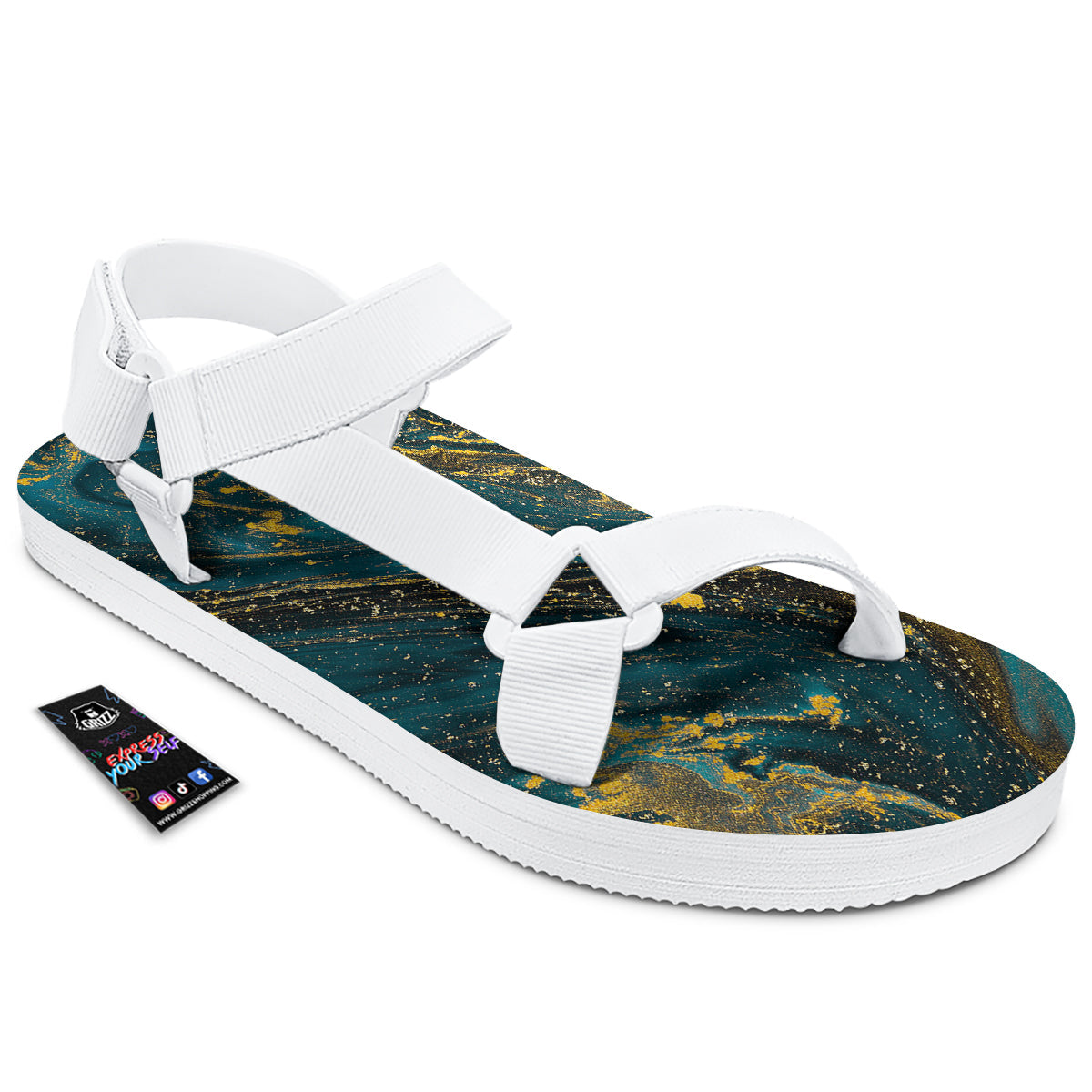 Natural Luxury Blue And Gold Marble Print White Open Toe Sandals-grizzshop