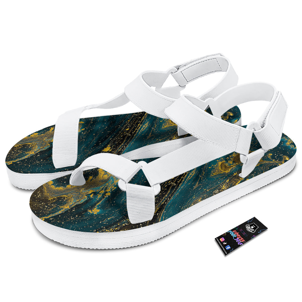 Natural Luxury Blue And Gold Marble Print White Open Toe Sandals-grizzshop