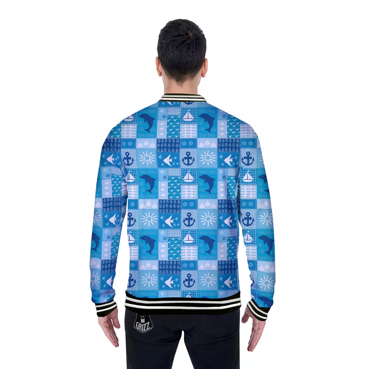 Nautical Sea Animal Patchwork Retro Print Pattern Baseball Jacket-grizzshop